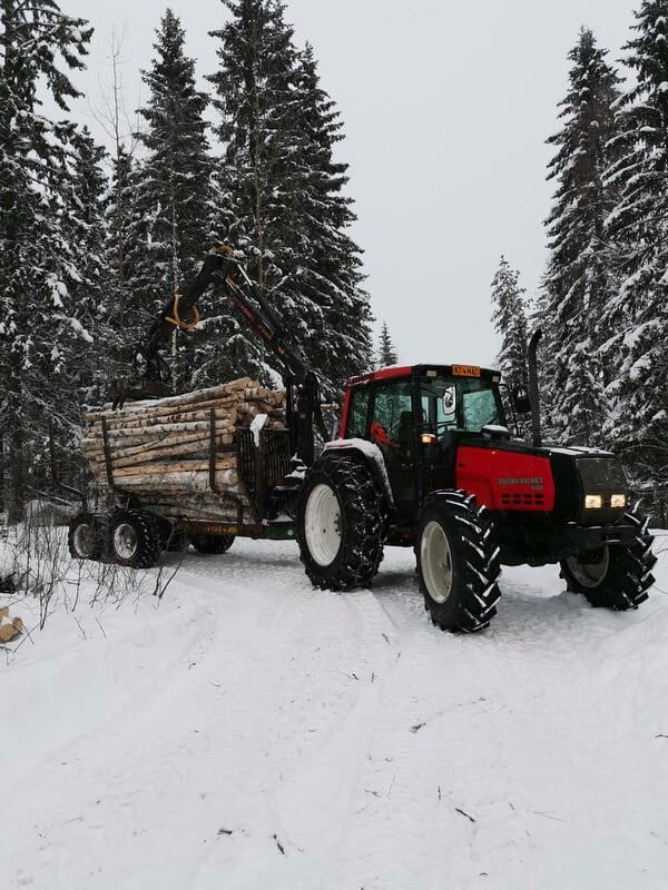 Traktori ja metsäperävaunu täynnä koivurankaa lumisessa metsässä